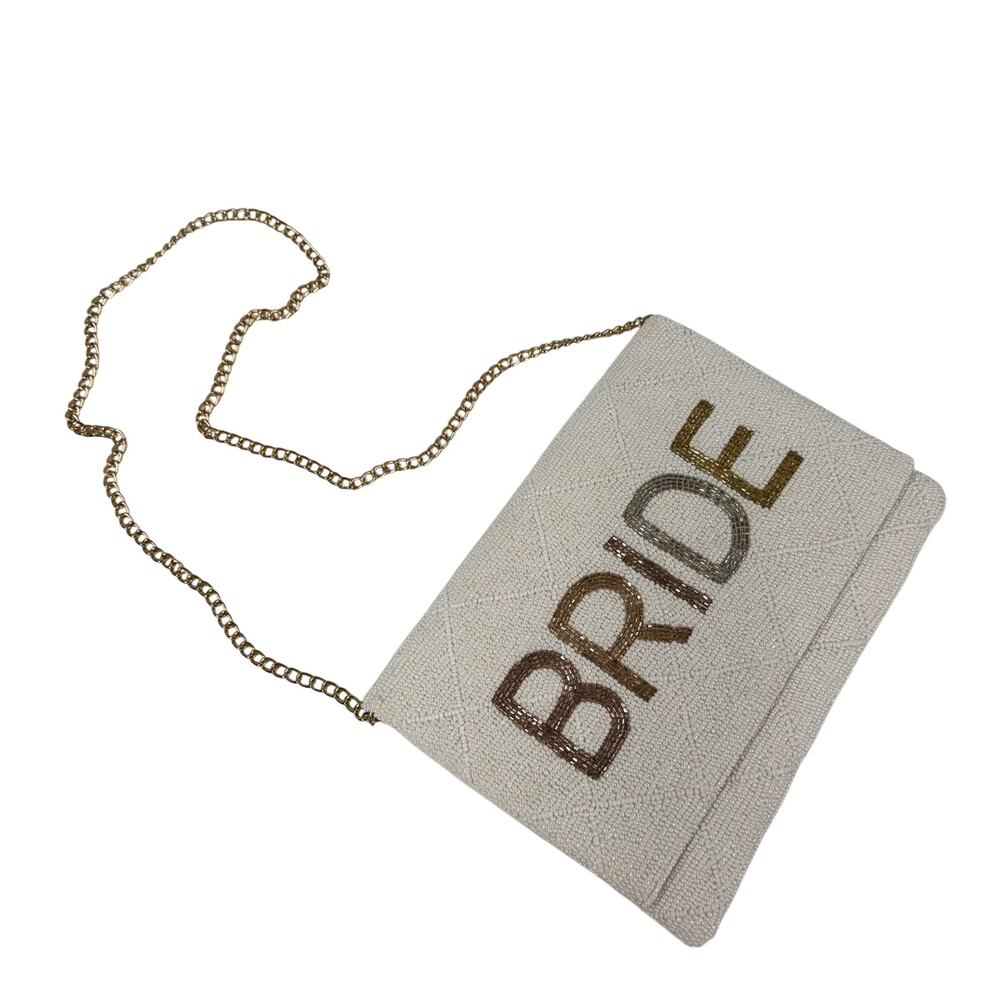 Bride Clutch Bag Purse Chain Strap Beaded Flap White Pretty Robes